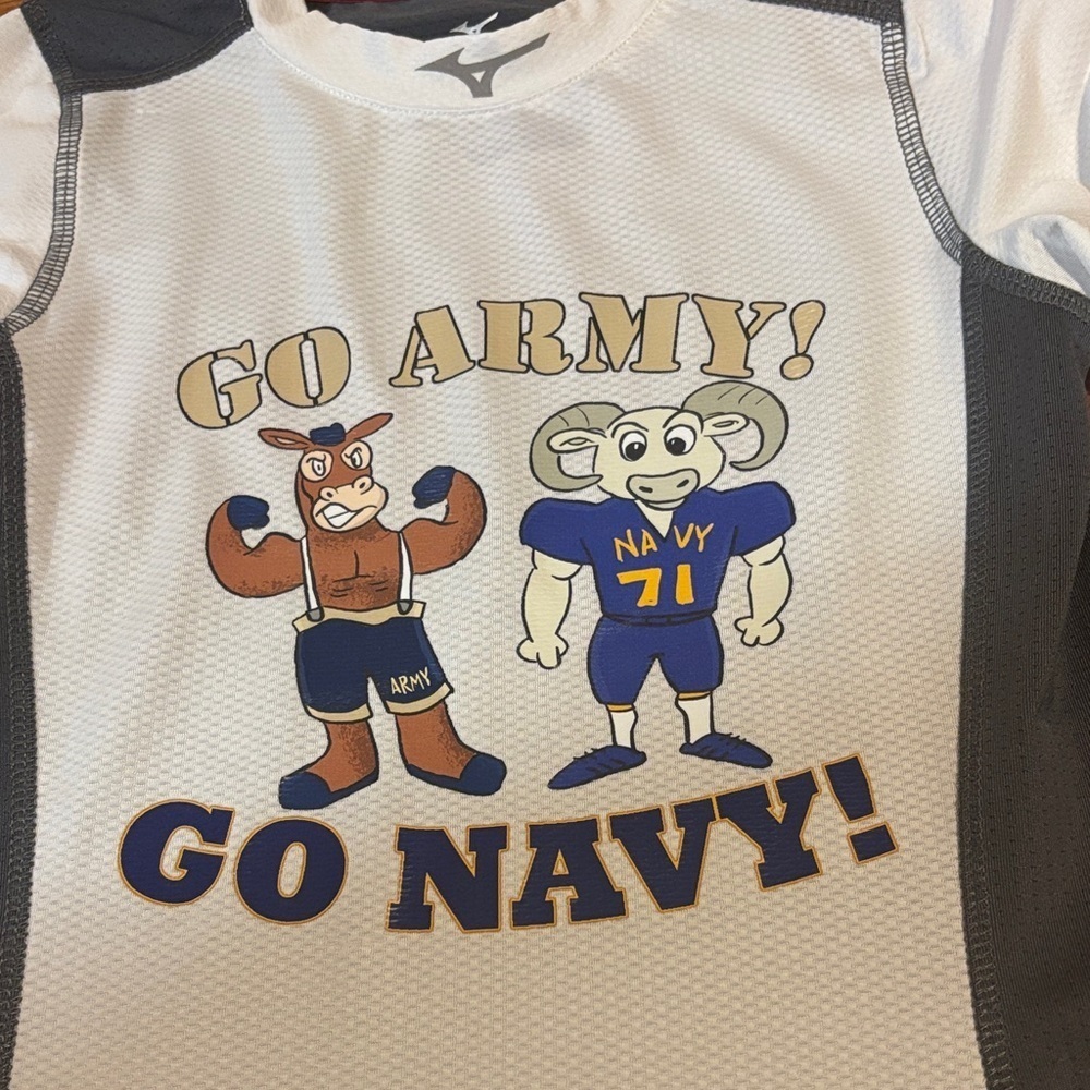 Mizuno Kids Unique “Go Army Go Navy” LSShirt w Goat, Mule & Deadly Indecision.